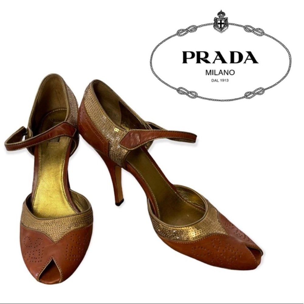 Prada Sequined Peep Toe Heels, Brown Leather/Gold Sequins, 4” Heels, Slip On. 39